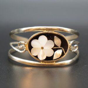 Alpaca Mexican Silver Abalone Flower Open Cuff Bracelet